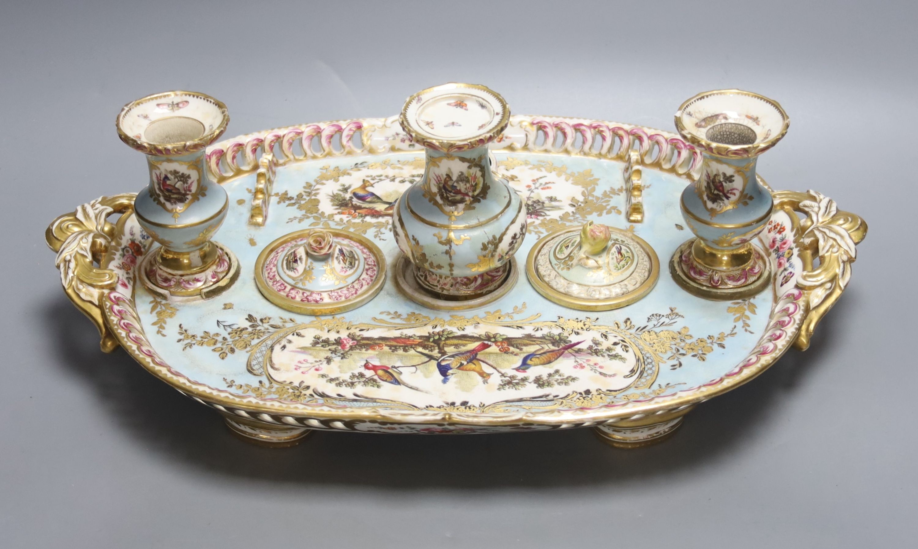 A 19th century English porcelain inkstand, width 39cm